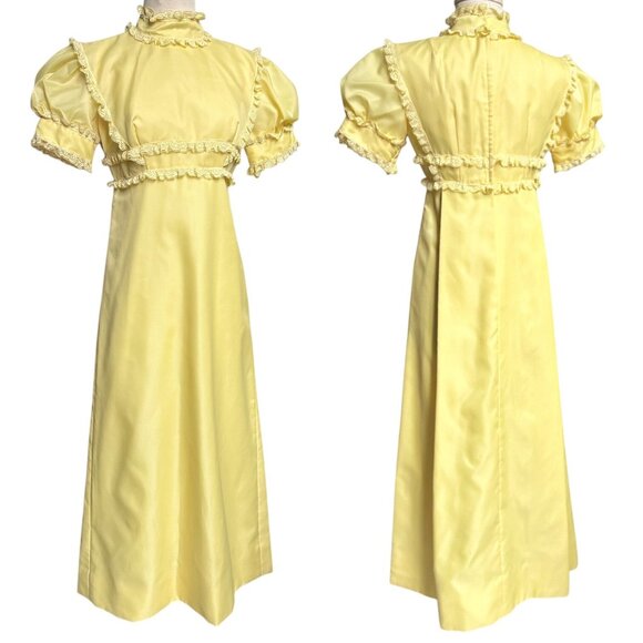 70s vintage victorian puff sleeve dress lace ruffle empire waist maxi mockneck. - Picture 7 of 12